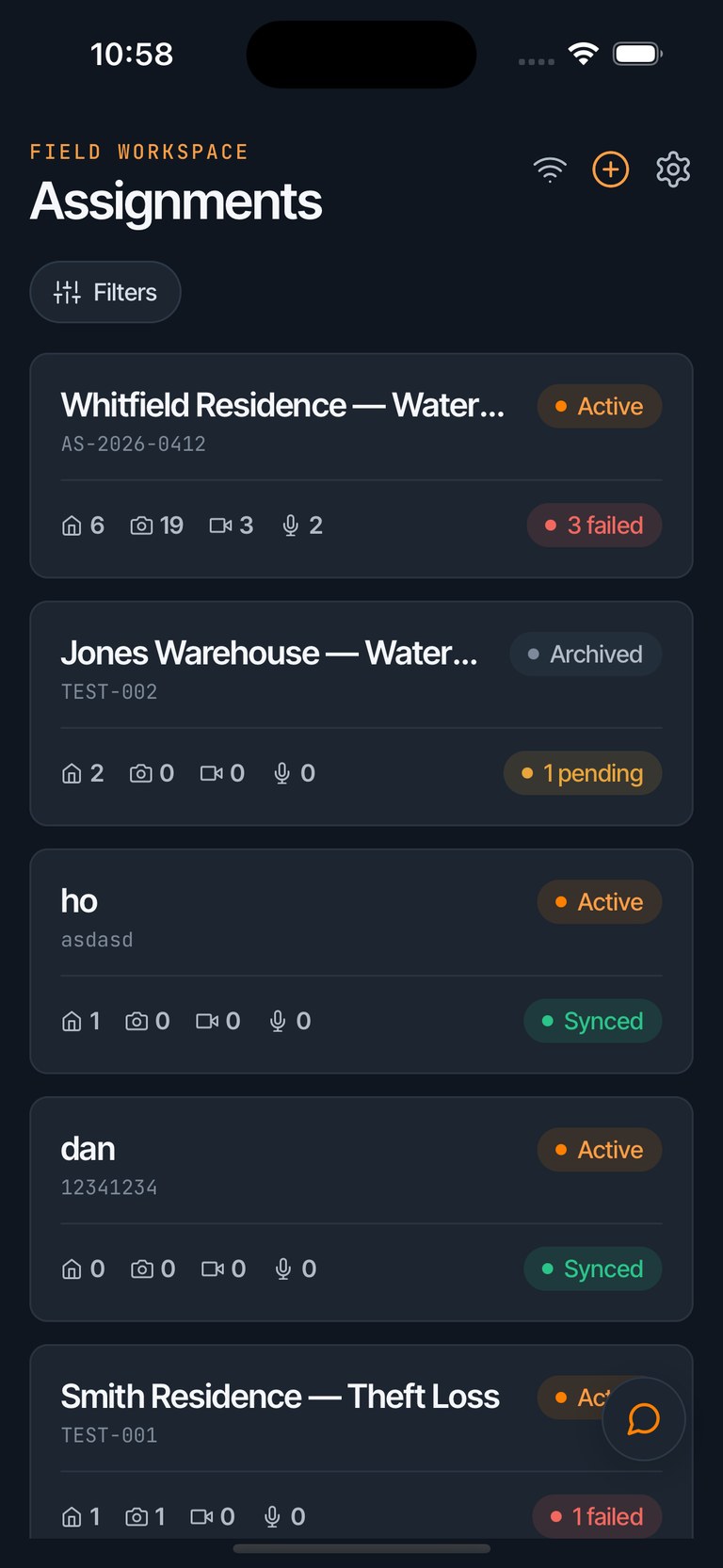 Assignments list with job cards, Filters button, and sync badges