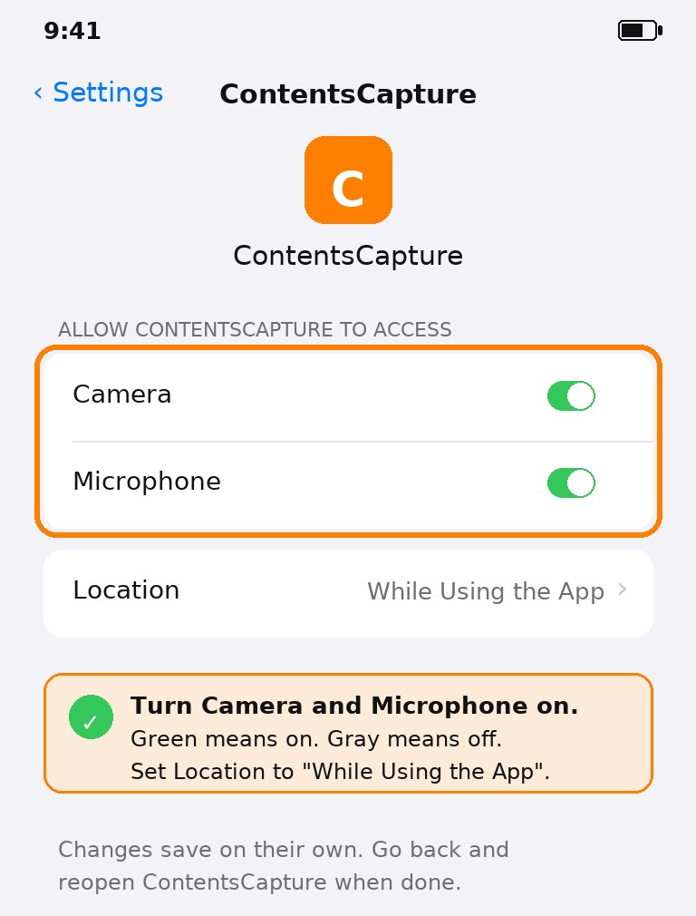 The ContentsCapture page in iPhone Settings: Camera and Microphone switches turned on, Location set to While Using the App