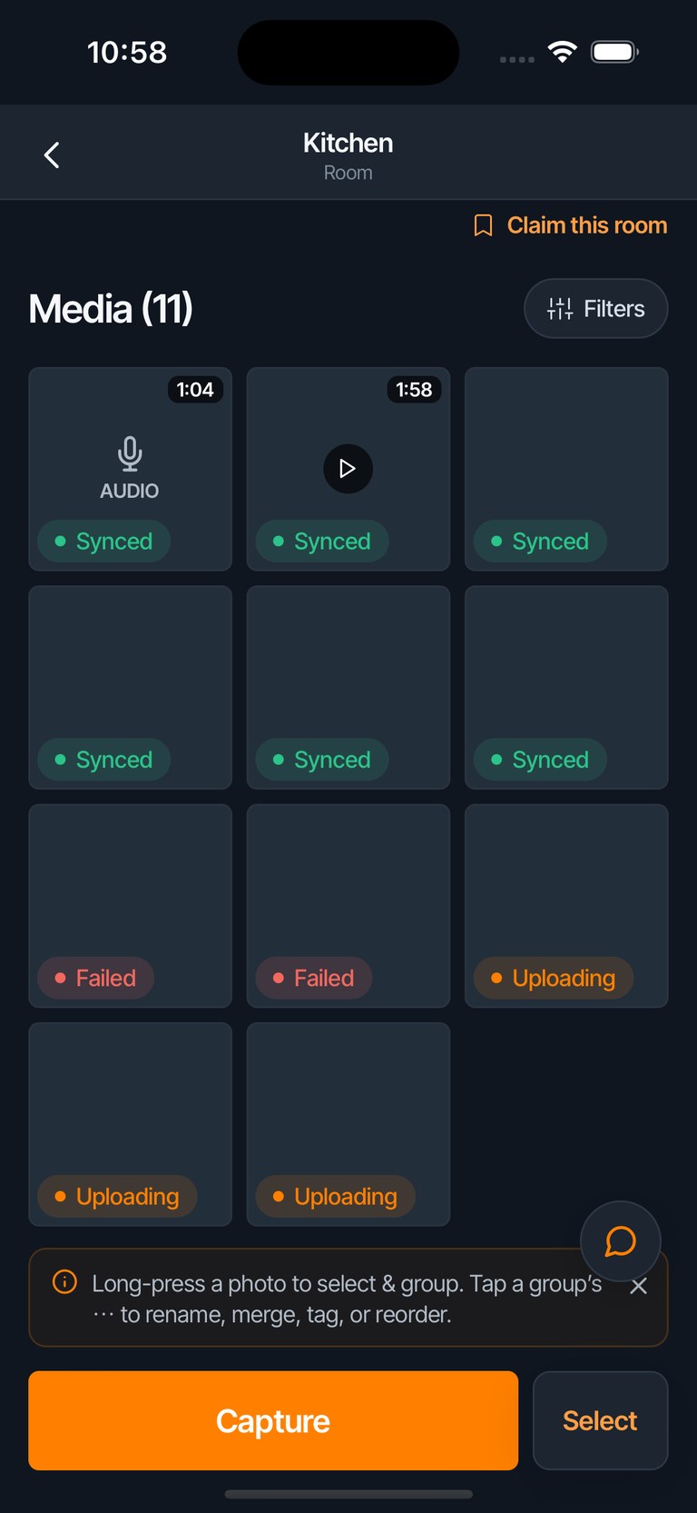 A room's media grid with Synced, Uploading, and Failed badges