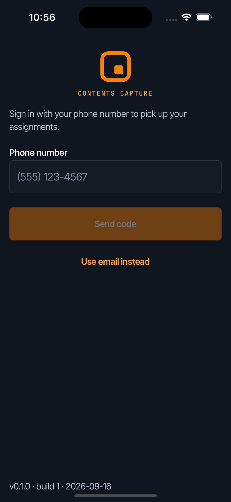 Sign-in screen with phone number field, Send code button, and Use email instead link